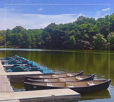 Canoes and paddle boats tied up in slips at dock